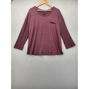 Midnight Burgundy Heathered Ribbed Sleeve Top XL Faux Pocket Scoop Neck Knit L/S